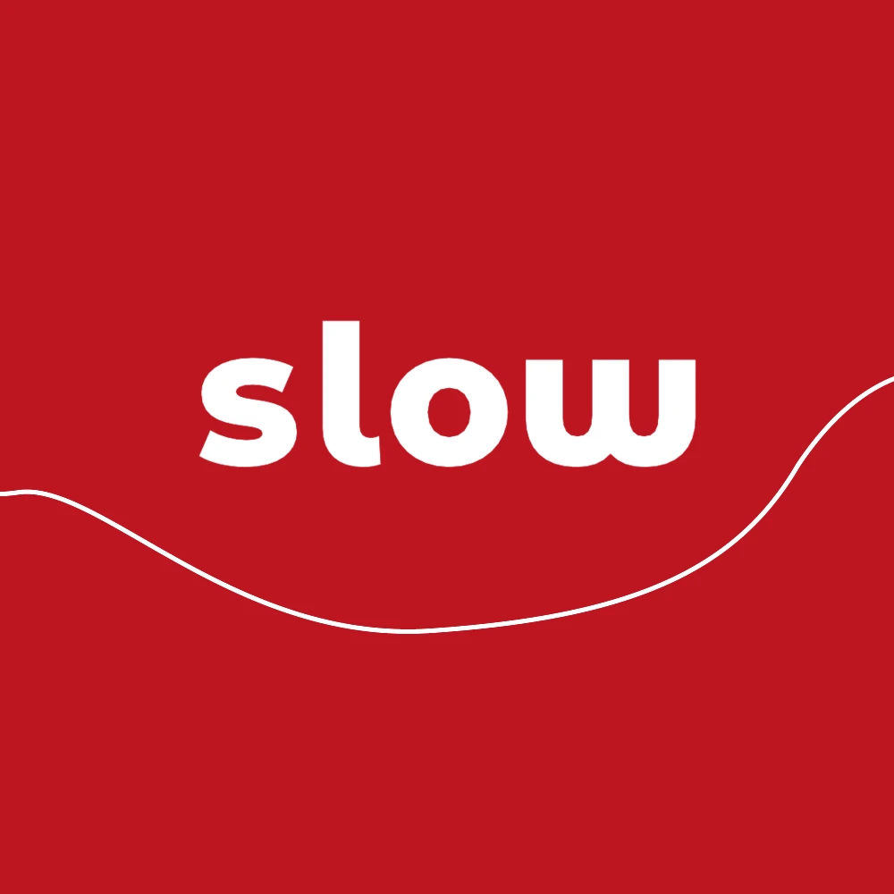 The Slow wordmark on red with a single thread